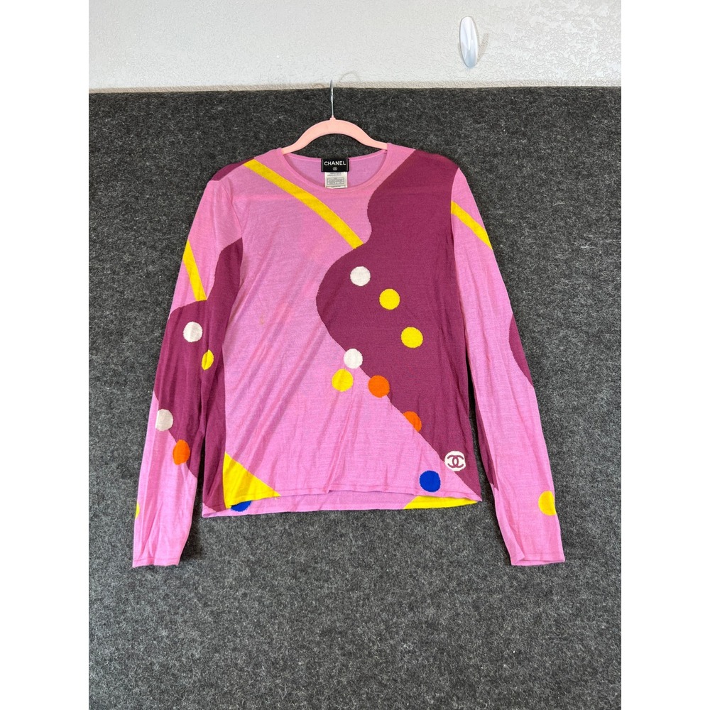 Chanel Vintage 00T Abstract Polka Dot Silk Blend Knit Top Pink Purple Size 42